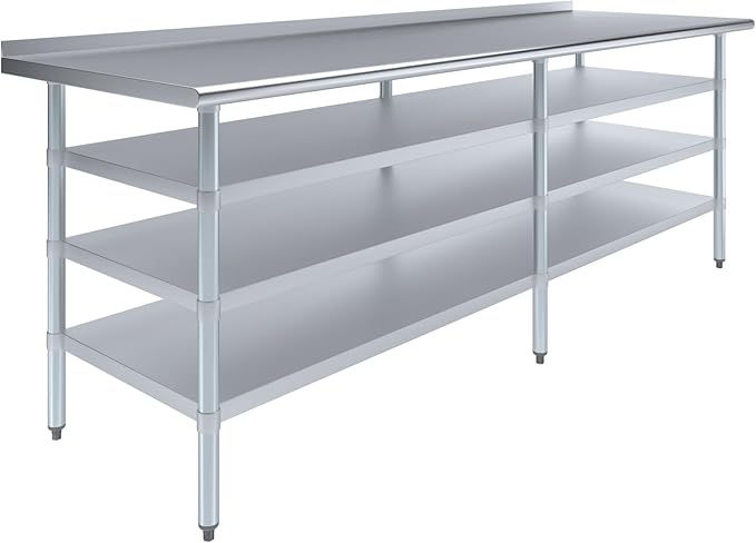 AmGood Stainless Steel Work Table with 1.5" Backsplash and 3 Shelves | Metal Kitchen Food Prep Table | NSF (96" Long x 30" Deep)