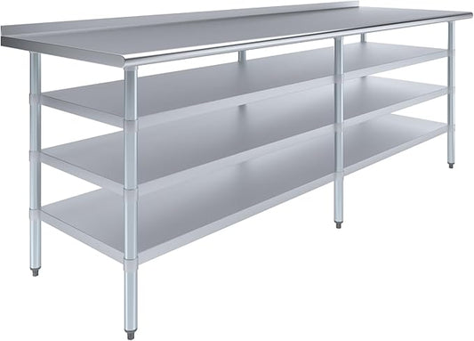 AmGood Stainless Steel Work Table with 1.5" Backsplash and 3 Shelves | Metal Kitchen Food Prep Table | NSF (96" Long x 30" Deep)