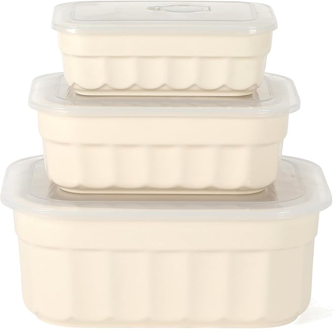 Martha Stewart Broadbrook 6 Piece Stoneware Meal Prep Container Set with Lids, Rectangular Food Storage & Bakeware, Cream, Oven, Microwave & Dishwasher Safe