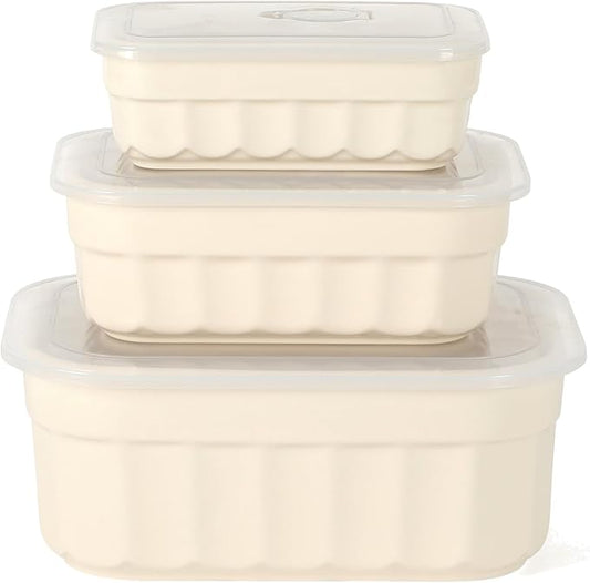 Martha Stewart Broadbrook 6 Piece Stoneware Meal Prep Container Set with Lids, Rectangular Food Storage & Bakeware, Cream, Oven, Microwave & Dishwasher Safe