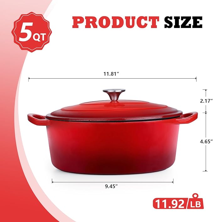 P&P CHEF Oval Dutch Oven with Lid, Enameled Cast Dutch Oven Pot for Bread Baking, Braising, Stewing, Roasting, Non-Stick & Oven Safe, Dual Handles & Easy Clean, 5QT & Red, Valentine's Day