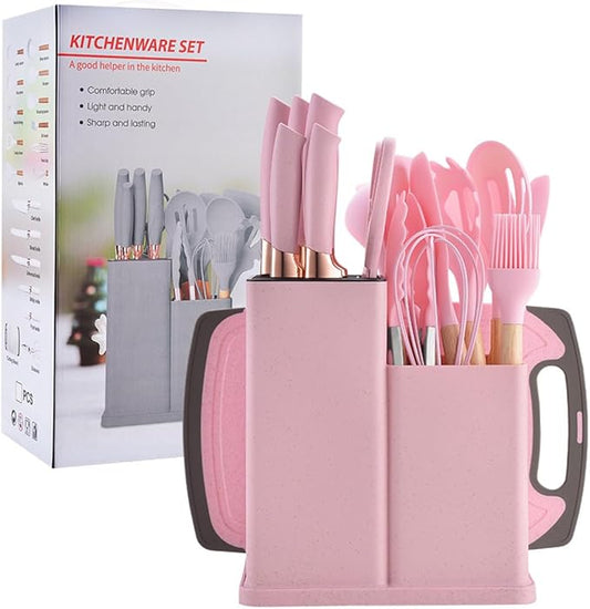 19 Pieces Kitchen Utensils and Knife Set with Block, Inldued 9 Pieces Silicone Cooking Utensils Set 5 Pieces Sharp Stainless Steel Chef Knives Scissors Whisk Tongs and Cutting Board (PINK)