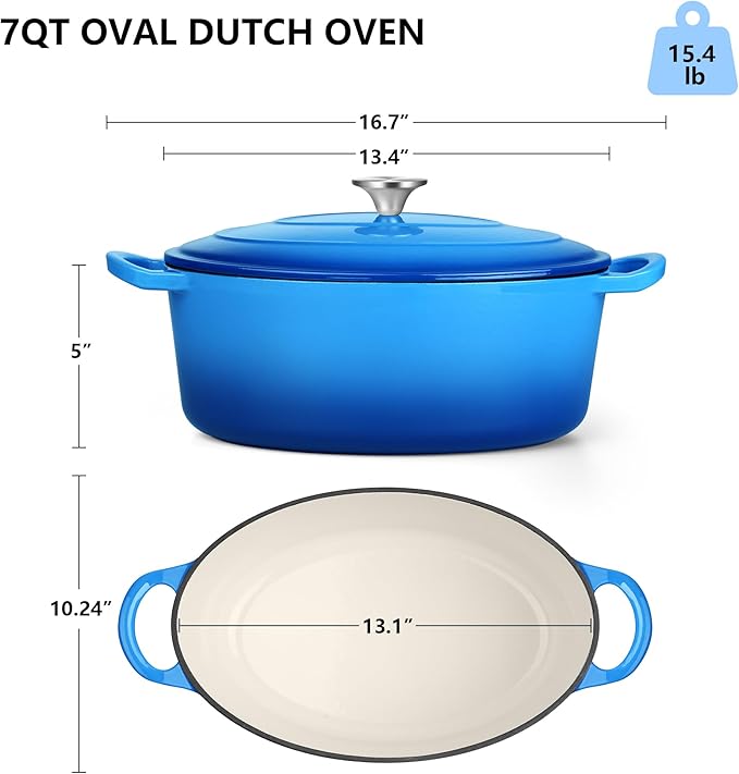 TeamFar 7QT Oval Dutch Oven, Enameled Cast Iron Dutch Oven Pot with Lid, For Bread Baking/Stewing/Braising/Frying, Suitable for Various Stoves, Non-stick & Easy Clean, Blue