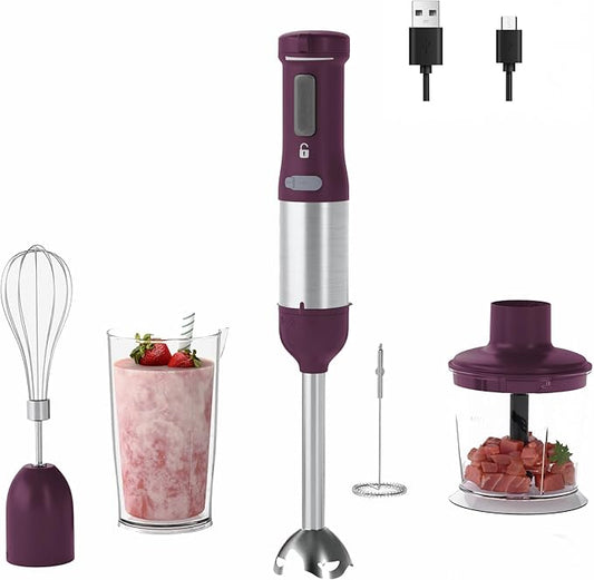 Cordless Immersion Hand Blender, 5-in-1 Variable Speed blender handheld,Rechargeable with 2000mAh Battery, BPA-Free & Dishwasher-Safe Accessories:700ml Beaker,Chopper,Whisk & Milk Frother,Plum
