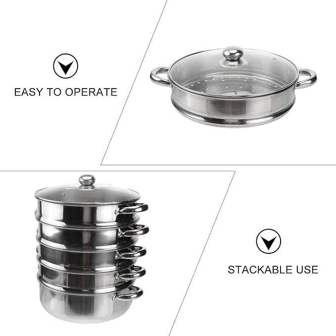 Hemoton Stainless Steel Steamer Pot 14.7 Inch 5-Tier Steaming Pot with Lid Multi-Layer Stockpot for Cooking Vegetables Dumplings Soup and More Dishwasher Safe