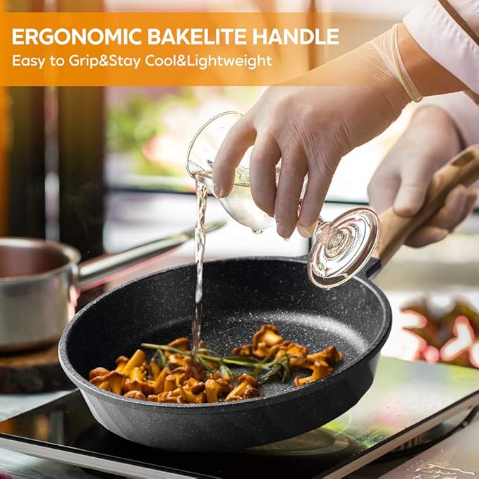 YIIFEEO Non Stick Frying Pan Set - Stone Skillet Set, Kitchen Omelette Pans, Induction Chef' Pan Grainte Cookware Set, Nonstick Frying Pans with Lid(8inch&9.5inch&11inch)