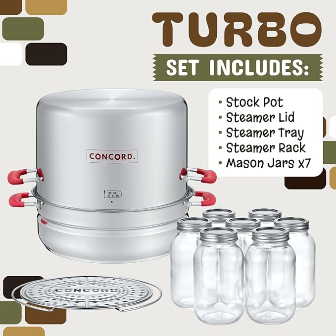 Concord Stainless Steel Turbo Steam Canner Canning Steamer Pot Set. Includes Canning Rack and Mason Jars (Induction Compatible).