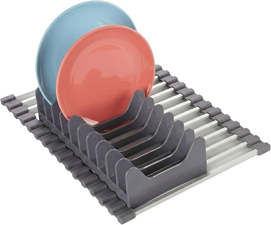 Roll Up Dish Drying Rack Over Sink, Square Aluminum Bar, Rust Resistant Anodized Frame, Removable Dish Holder, Space Saving for Small Kitchen & Apartment(Purple Gray, Small)