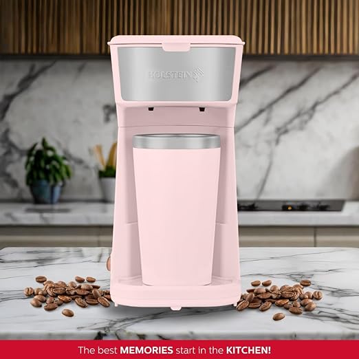 Holstein Housewares Personal Coffee Maker with 14oz Travel Mug – Compact One-Touch Brew Machine with Reusable Filter, Auto Shut-Off, Non-Stick Plate, Ideal for Home, Office, or Dorm. Pink