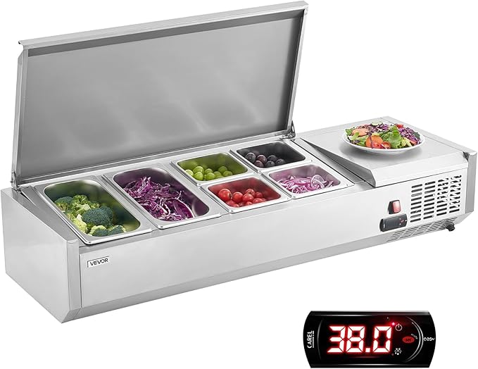 VEVOR Refrigerated Condiment Prep Station, 130 W Countertop Refrigerated Condiment Station, with Two 1/3 Pans & Four 1/6 Pans, 304 Stainless Body and PC Lid, Sandwich Prep Table with Stainless Guard