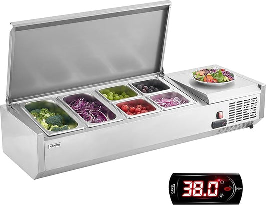 VEVOR Refrigerated Condiment Prep Station, 130 W Countertop Refrigerated Condiment Station, with Two 1/3 Pans & Four 1/6 Pans, 304 Stainless Body and PC Lid, Sandwich Prep Table with Stainless Guard