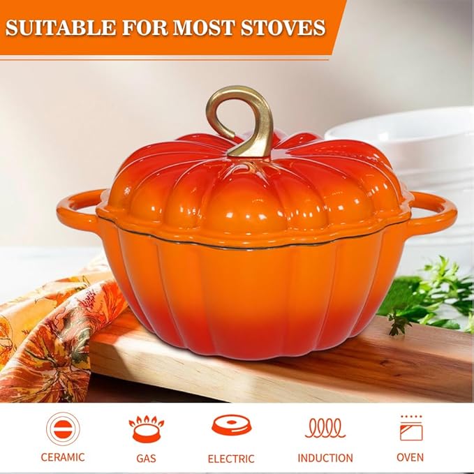 Pumpkin Enameled Cast Iron Dutch Oven with Lid, 4.5 QT Heavy Duty and Dual Handles Pot, Serves 3-5 and Oven Safe for Bread Baking, Braising, Cooking Soup and Family Gifts, Orange