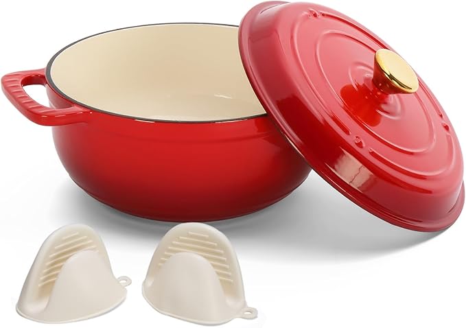 Bonnlo 5QT Round Dutch Oven, Enameled Cast Iron Dutch Oven Pot with Lid & Dual Handles, Oven Safe Up to 500° F, for Sourdough, Bread Baking, Stews and Roasting, Red