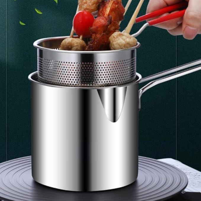 Cabilock Deep Fryer with Basket 4.7 Inch Compact Frying Pot with Perforated Strainer for French Fries Fish Shrimp Chicken Wings Kitchen Appliance