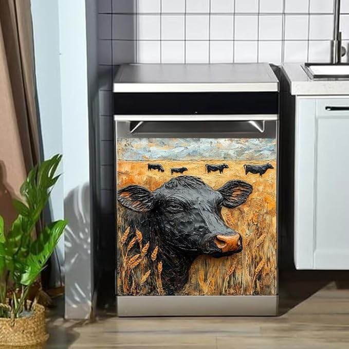 Black Cow in Wheat Field Dishwasher Magnet Cover, Rustic Farm Animal Refrigerator Magnetic Vinyl Sticker for Dishwasher Door, Decorative Kitchen Appliance Panel Decal, 23Wx26H Inches