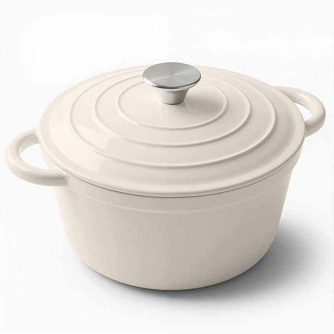 Miereirl 6 Quart Enameled Dutch Oven Pot with Lid, Cast Iron Dutch Oven with Dual Handles for Bread Baking, Cooking, Non-stick Enamel Coated Cookware (Beige)