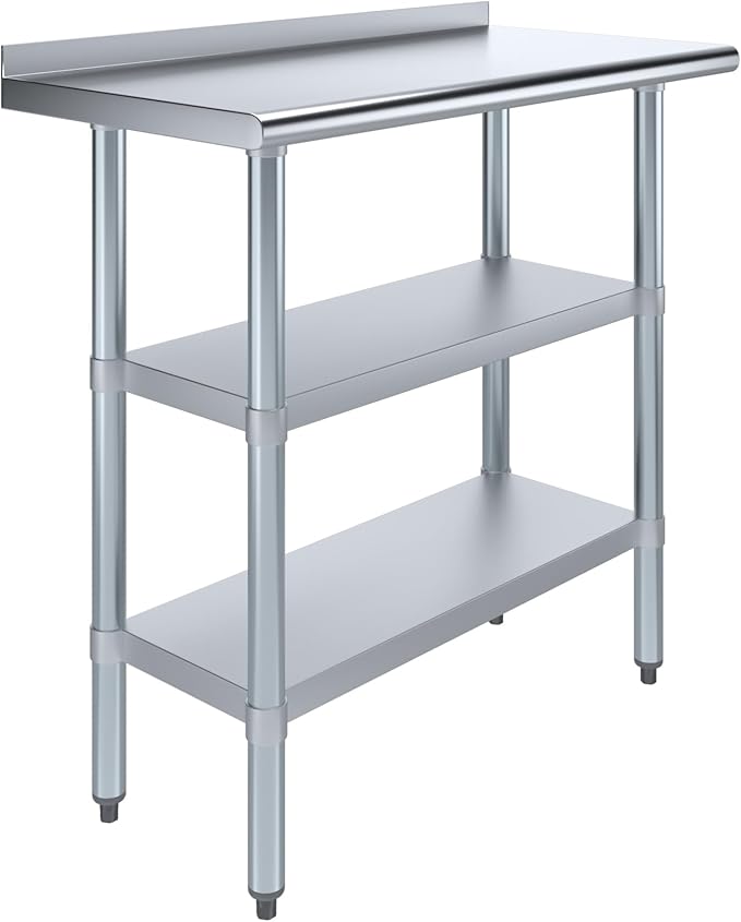 AmGood Stainless Steel Work Table with 1.5" Backsplash and 2 Shelves | Metal Kitchen Food Prep Table | NSF (36" Long x 18" Deep)