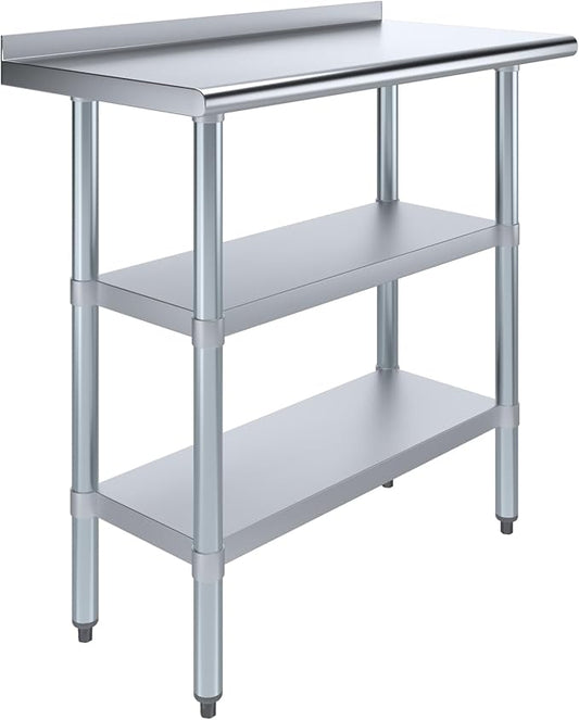 AmGood Stainless Steel Work Table with 1.5" Backsplash and 2 Shelves | Metal Kitchen Food Prep Table | NSF (36" Long x 18" Deep)
