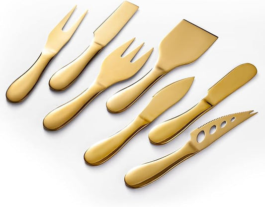 Gold Butter Knives Set 7 Pieces Stainless Steel Kitchen Utensils Gadgets includeButter Knife,Cheese Spreader,Cheese Forks, Cheese Slicer,Cheese Cutter,Cheese Knife,