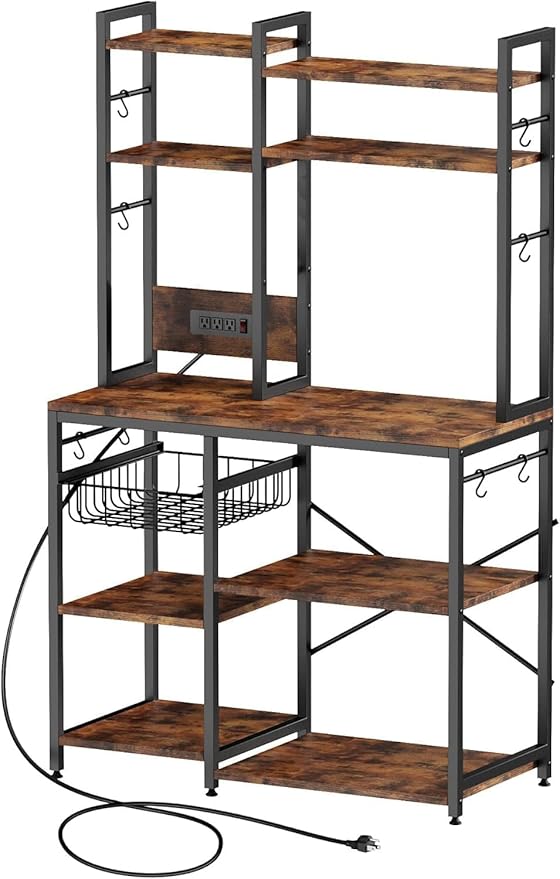 Luckyeestar Bakers Rack with Power Outlet - 6 Tier Microwave Stand with Storage, 35.4 inches Kitchen Shelf with Wire Basket and 12 S Hooks,Coffee Bar Shelf, Adjustable Feet, Rustic Brown Cabinet
