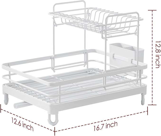 Dish Drying Rack - X-Large Stainless Steel Dish Rack for Kitchen Counter, 2-Tier Kitchen Organizers and Storage for Dishes, Bowls, Cutlery, White