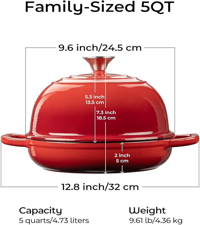 Dutch Oven for Bread Baking-5QT Cast Iron Sourdough Dutch Oven Pot with Lid, Enameled Round Cast Iron Bread Pot with Dome Lid for Homemade, Gifts for Sourdough Bakers, Red