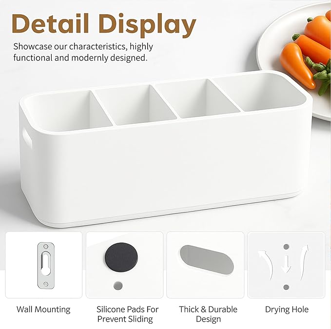 White Wooden Utensil Holder for Counter or Countertop - Extra Large 4 Compartment Wood Utensil Organizer, Painted Spatula Holder, Silverware Crock, Kitchen Utensil Storage