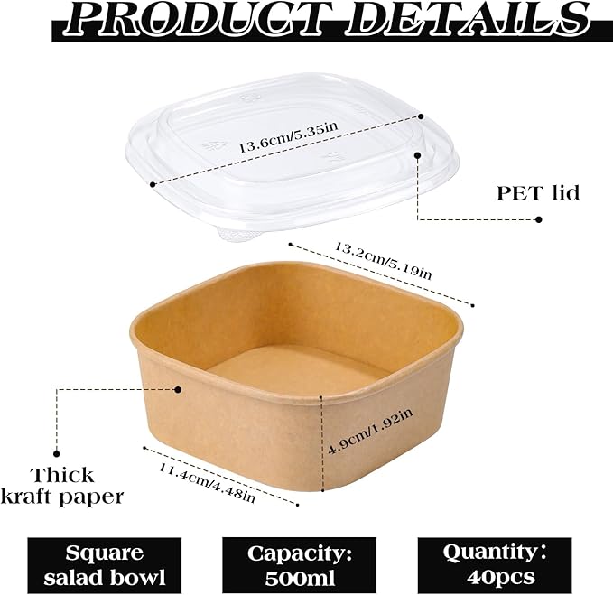 40 Pack 17 oz Paper Bowls, Disposable Food Containers with Lids, Square Disposable Bowls, Disposable Salad Bowls with Lids for Diet Salad, Ice Cream, Yogurt, Party Food