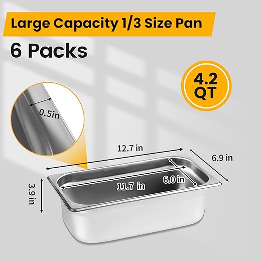 Aplancee 1/3 Hotel Pans 4 Inch Deep Stainless Steel Food Pan - Anti-Jam 6 Pack Steam Table Pan Set for Catering, Buffet Use, Kitchen Prep