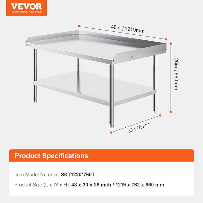 VEVOR Stainless Steel Work Table, 30 x 48 x 26 Inch Commercial Food Prep Worktable, 3-Sided Backsplash Heavy Duty Prep Worktable, Metal Work Table with Adjustable Height for Restaurant Home Hotel