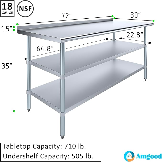 AmGood Stainless Steel Work Table with 1.5" Backsplash and 2 Shelves | Metal Kitchen Food Prep Table | NSF (72" Long x 30" Deep)