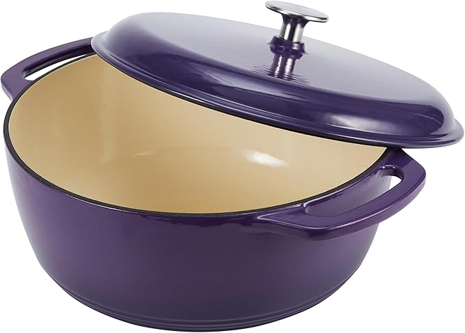 Amazon Basics Enameled Cast Iron Dutch Oven Pot with Lid, Round, Dual Handles, Heavy-Duty, Oven Safe for Stews, Roasting, Baking, 6-Quart, Purple