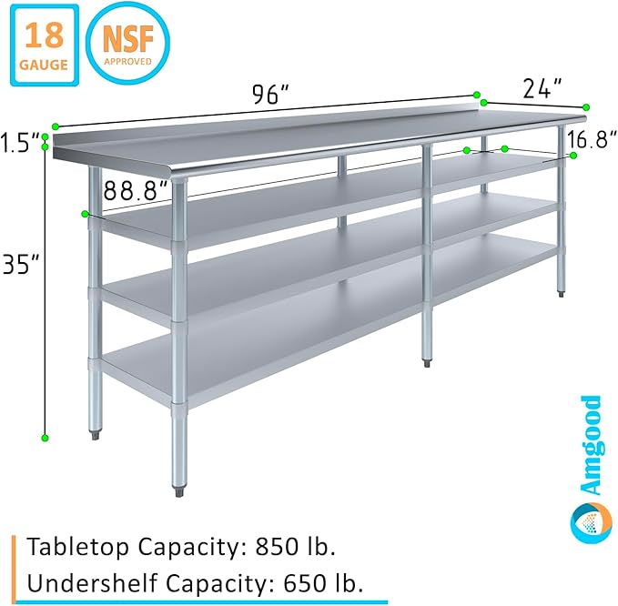 AmGood Stainless Steel Work Table with 1.5" Backsplash and 3 Shelves | Metal Kitchen Food Prep Table | NSF (96" Long x 24" Deep)