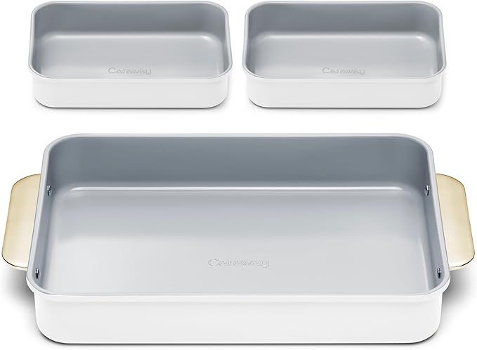 Caraway Nonstick Rectangle Baking Pan Set – 2x 9" x 6.5" & 1x 9" x 13" - Non-Toxic, PTFE & PFOA Free – Aluminized Steel Core – Deep Ceramic Baking Pan for Casseroles, Lasagna & More - White