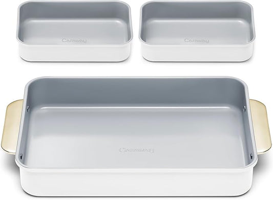 Caraway Nonstick Rectangle Baking Pan Set – 2x 9" x 6.5" & 1x 9" x 13" - Non-Toxic, PTFE & PFOA Free – Aluminized Steel Core – Deep Ceramic Baking Pan for Casseroles, Lasagna & More - White