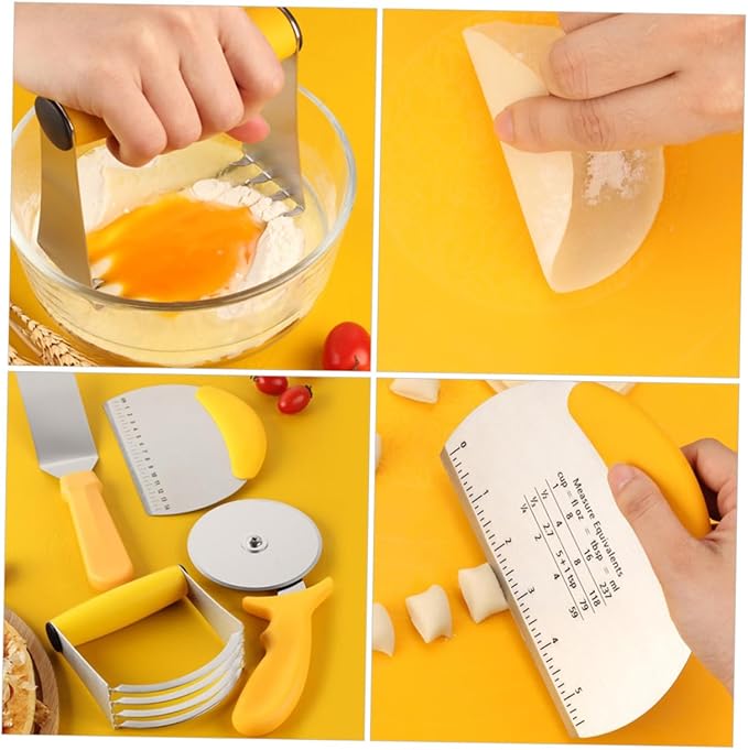 5pcs Baking Tool Set Stainless Steel Pizza Cutter Dough Chopper Kneading Mat with Scale for Homemade Pizza and Pastry Kitchen Dough Tools for Baking Enthusiasts