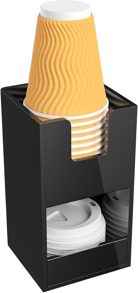 Coffee Condiment and Cup Organizer - 2-Tier Upright Cup and Lid Holder with Straw Organizer 2 Compartments Black Acrylic Cup Dispenser for Restaurant Breakroom Coffee Station Countertop