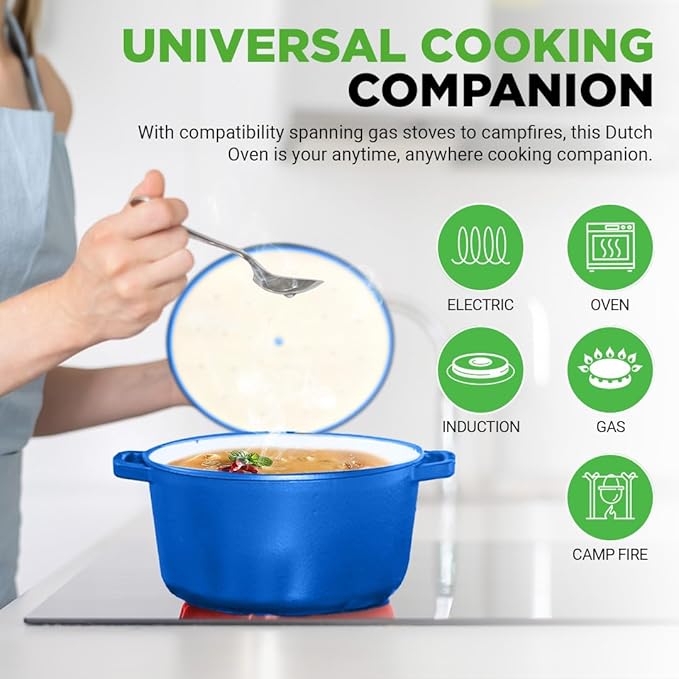 Nutrichef 6 Quart Electric Dutch Oven | 1500W 5-in-1 Enamel Coated Cast Iron Pot with Stainless Steel Lid | Precise Temperature Control | Includes 2 Silicone Pot Holders & Heat Resistant Pad | Blue