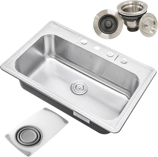CozyBlock 33 x 22 x 9 Inch Top-mount/Drop-in Stainless Steel Single Bowl Kitchen Sink with Strainer and Cutting Board - 18 Gauge Stainless Steel-4 Faucet Hole