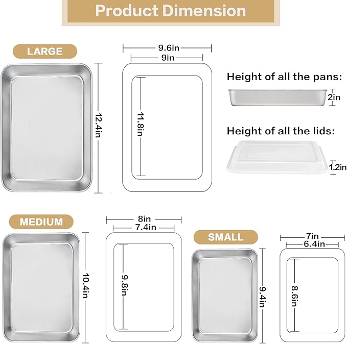 E-far Baking Pan with Lid(12.4/10.4/9.4 inch), Stainless Steel Rectangular Sheet Cake Pans with Cover, Metal Bakeware Sets for Lasagna Casseroles Brownie, Non-toxic & Dishwasher Safe - 3 Pans + 3 Lids