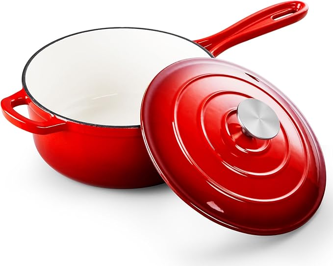 TeamFar 3QT Enameled Cast Iron Sauce Pan, Small Sauce Pot with Lid, Mini Dutch Oven Saucepan for Cooking/Simmering/Baking/Boiling, Sturdy & Nonstick, Oven Safe & Fit for Induction-Red