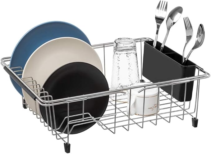 SANNO Dish Drying Rack, Large Dish Rack Adjustable Deep Dish Drainer with Removable Silverware Holder, Deep Large Dish Rack in Sink On Counter, Expandable Arms, Stainless Steel