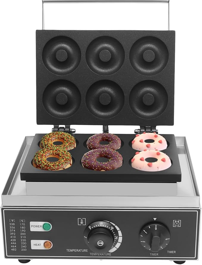 Commercial Donut Maker Machine,6 Holes Double-Sided Heating Waffle Donut Machine,110V 1550W Electric Doughnut Maker. Non-stick Donut Maker Teflon-Coating for Kitchen Bakery Dessert Shop
