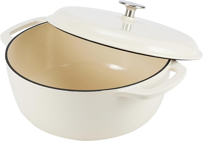 Amazon Basics Enameled Cast Iron Dutch Oven Pot with Lid, Dual Handles, Heavy-Duty, Oven Safe for Stews, Roasting, Baking, 7.3-Quart, White