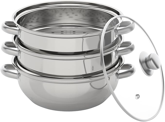3-Tier Stainless Steel Steamer Pot, Large Capacity Food Steamer for Stove, Multi-Layer Stackable Cooking Steam Pot Kitchen Cookware with Glass Lid for Induction/Gas/Electric Stoves (12.8 Inch)