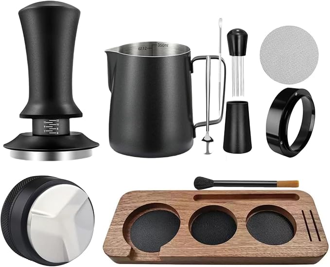 51mm Espresso Accessories 10 PCS - WDT Tool Kit， Coffee Tamper with Wood Espresso Tamping Station， Frothing Pitcher, Distributor, Stirrer, Dosing Funnel, Brush, Puck Screen， Latte Art Pen