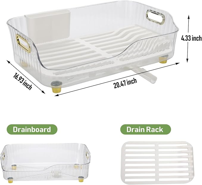 Dish Drying Rack, Plastic Dish Rack, Large Capacity Dish Drainer Rack, Space Saving Plate Drying Rack, Clear Kitchen Draining Rack for Chopsticks Bowl Plate Spoon (White)