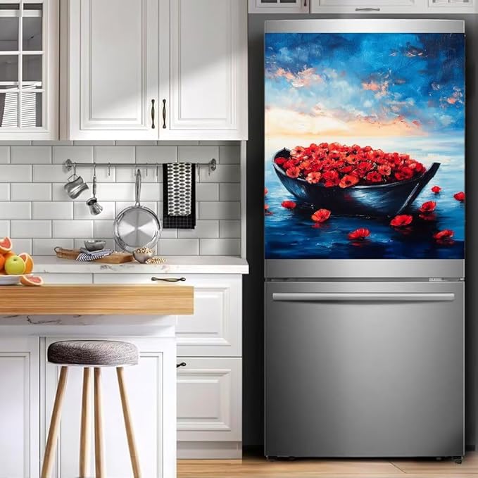 Dishwasher Magnet Cover, Red Poppies in Boat on Blue Ocean Refrigerator Magnetic Vinyl Sticker for Dishwasher Door, Metal Horse Decorative Kitchen Appliance Panel Decal, 23Wx26H Inches