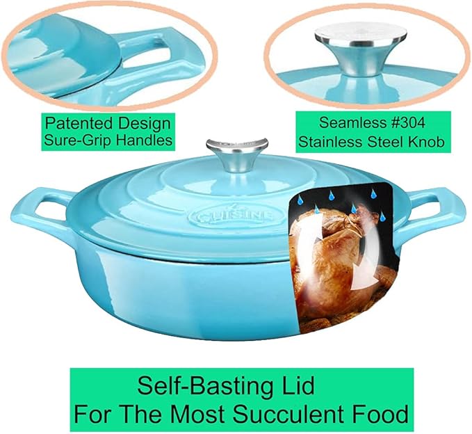La Cuisine Enameled Cast Iron Covered Braiser, Saute Pan Casserole Pan with Lid, 3.75 QT 11" / 28cm Dia, Internal Matte Black Enamel Coating – 2 Ton Teal Enamel Coating Finish Exterior, Oven Safe up to 500° F