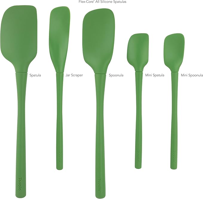 Tovolo Flex Core 5 Piece Silicone Spatula Set Heat Resistant All Silicone Utensils Include Non Stick Spatula Spoonula Jar Scraper, Dishwasher Safe BPA Free Spatulas for Baking Mixing, Pesto Green